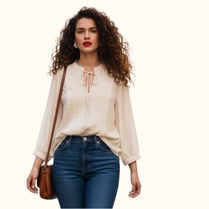ucky Brand Ivory Pintuck Pleat Tie-Neck Peasant Blouse - XS